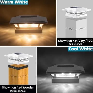 SIEDiNLAR 4x4 Solar Post Cap Lights 16 LEDs 2 Modes 3.5x3.5 4x4 Vinyl Wooden Post Light Waterproof Outdoor for Deck Fence Patio Garden Decor, Warm/Cool White (6 Pack, White) - Image 5