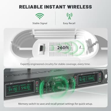 Phenyx Pro Wireless Microphone System, 4-Channel UHF Wireless Mic, Fixed Frequency Metal Cordless Mic with 4 Handheld Dynamic Microphones, 260ft Range, Mics for Singing, Church(PTU-5000-4H) - Image 5