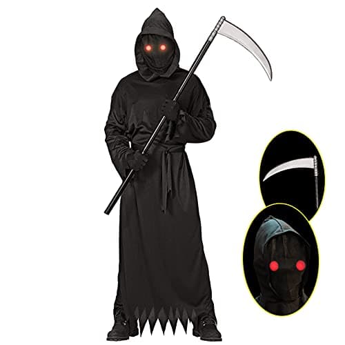 Grim Reaper Halloween Costume with Glowing Red Eyes for Kids, Scythe Included - Image 1