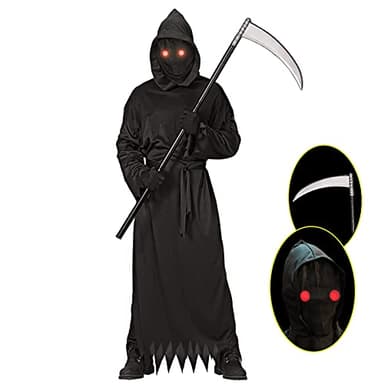 Grim Reaper Halloween Costume with Glowing Red Eyes for Kids, Scythe Included - Image 1