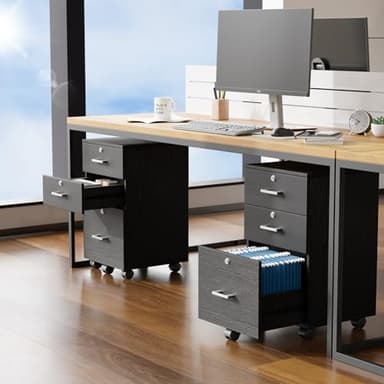 VINGLI 3-Drawer File Cabinet with Lock, Wood Rolling Filing Cabinets for Home Office, Mobile Printer Stand, Under Desk File Organizer for Letter Sized Files, 26" H(Caster Included), Black - Image 2