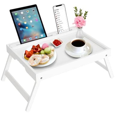 Artmeer Bed Tray Table with Folding Legs, Bamboo Breakfast Food Tray with Media Slot, Use As Platter, Laptop Desk, Snack, TV Tray Kitchen Serving Tray (White Large) - Image 1
