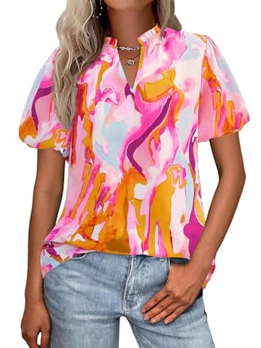 MASCOMODA Boho Short Sleeve Floral Work Blouses for Women Dressy Casual V Neck Puff Sleeve Loose Chiffon Flowy Tops Shirts(Brown Purple Floral,Large) - Image 1