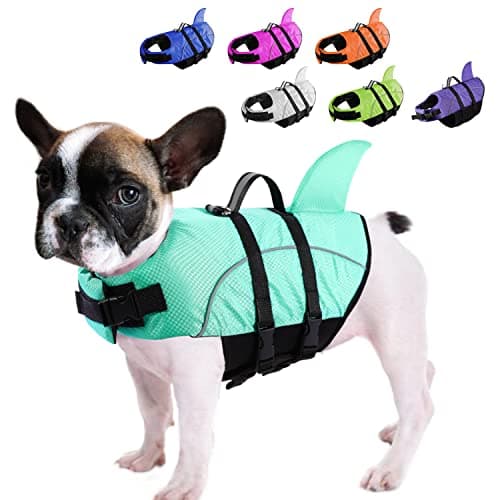 Queenmore Small Dog Shark Life Jacket - High Buoyancy Puppy Life Preserver for Swimming, Boating, Kayaking - Reflective Light Dog Lifesaver with Strong Rescue Handle (Light Blue, XS) - Image 1