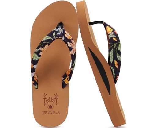 KuaiLu Womens Yoga Mat Flip Flops Comfortable Arch Support Ladies Summer Beach Pool Cushion Walking Thong Sandals Orthotic Slip on Outdoor Slides Travel Essentials Outfits Slippers Shoe Khaki Size 6.5 - Image 1
