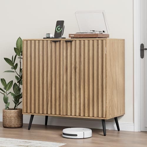 Smuxee Fluted Sideboard Cabinet, Freestanding Natural Buffet Cabinet with Adjustable Shelf, Wood Storage Cabinet for Living Room, Entryway, Hallway - Image 1