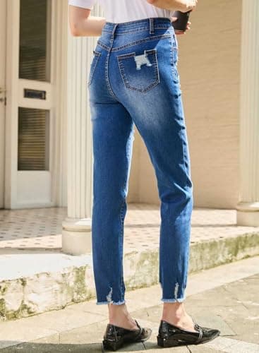 EVALESS Jeans for Women High Waisted Stretchy Ripped Distressed Tummy Control Straight Ankle Jean Capris 2025 Blue Size 14 - Image 4