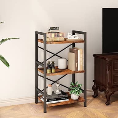Homeiju Bookshelf, 3 Tier Industrial Bookcase, Metal Small Bookcase, Rustic Etagere Book Shelf Storage Organizer for Living Room, Bedroom, and Home Office(Rustic Brown) Patent Pending D29873033 - Image 2