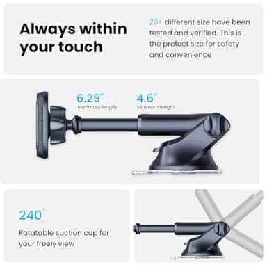 APPS2Car Magnetic Phone Mount for Car, Dashboard & Windshield Suction Cup Holder with Telescopic Arm, Requires Metal Plate (Included), Universal Fit for iPhone & Android Smartphones - Image 4