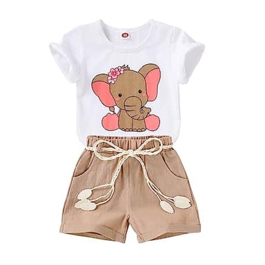 YOUNGER TREE Toddler Baby Girl Clothes Summer Cute Elephant T-shirt Solid Color Short Sets with Belt Girls Outfit (Elephant, 3-4T) - Image 1