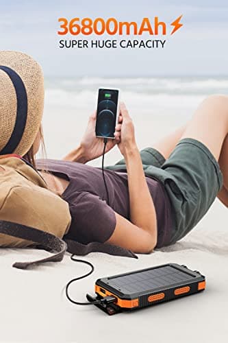 Power-Bank-Portable-Charger-Solar - 36800mAh Waterproof Portable External Backup Battery Charger Built-in Dual QC 3.0 5V3.1A Fast USB and Flashlight for All Phone and Electronic Devices (Deep Orange) - Image 7