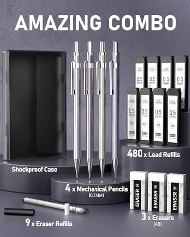 Four Candies 0.5mm Mechanical Pencil Set with Case - 4PCS Metal Mechanical Pencils, 8 Tubes HB #2 Lead Refills, 3PCS 4B Erasers and 9PCS Eraser Refills, Lead Mechanical Pencils for Writing & Drawing - Image 6