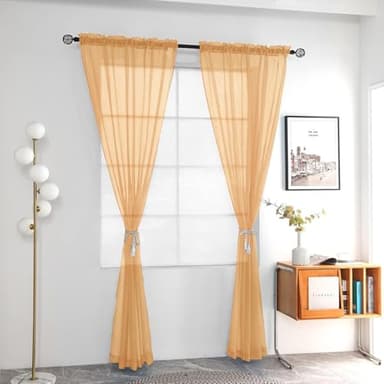 youleyar Solid Sheer Rod Pocket Curtain Voile Draperies 2 Panels White Beige Black Grey Coffee 42 Inch Width 63 Inch Long 1 Pair for Kitchen Bedroom Children Living Room Yard(Beige,42Wｘ63L) - Image 2