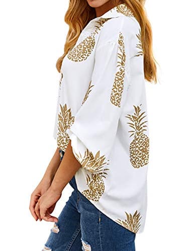ZXZY Women Pineapple Printed Lapel Collar Half Sleeves Buttons Down Blouse Shirt - Image 2