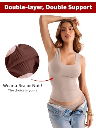 EasyGala Womens Double Lined Scoop Neck Tank Tops Basic Slim Fit Sleeveless Shirts Y2K Summer Going Out Outfits Khaki Small - Image 3