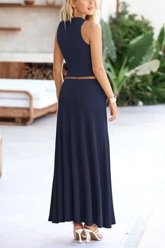 PRETTYGARDEN Women's 2 Piece Maxi Skirt Sets Casual Summer Knit Cropped Tank Top High Waisted Long Skirts Outfit (Navy,Small) - Image 2