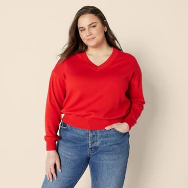 Amazon Essentials Women's Relaxed-Fit Lightweight V-Neck Cropped Sweater, Bright Poppy Red, Medium - Image 5
