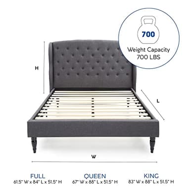 Decoro Coventry Upholstered Platform Bed | Headboard and Metal Frame with Wood Slat Support | Grey, Queen Size - Image 2