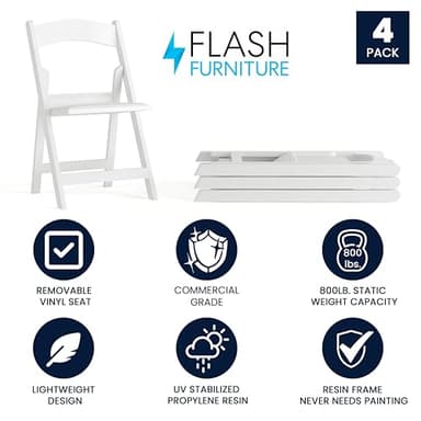 Flash Furniture Hercules Series Folding Chair - White Resin - Set of 4 800LB Weight Capacity Comfortable Event Chair - Light Weight Folding Chair - Image 4