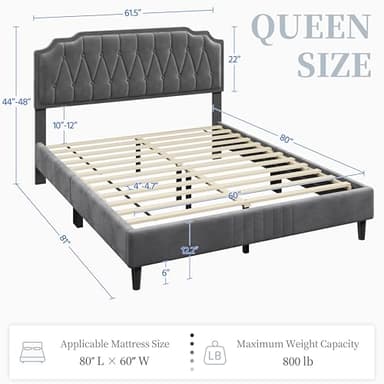 Yaheetech Queen Bed Frame Velvet Upholstered Platform Bed with Curved Headboard, Height-Adjustable Headboard/Noise-Free/Wooden Slats Support/No Box Spring Needed/Easy Assembly, Dark Gray Queen Bed - Image 2