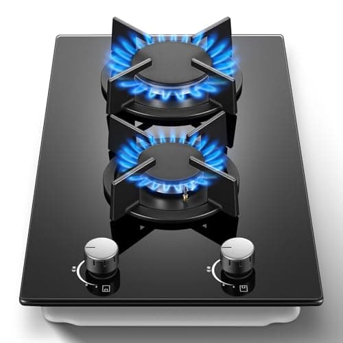 Gas Stove 2 Burner, Propane Cooktop 12 Inch, Built-in Gas Cooktop Black Tempered Glass Stove Top with Thermocouple Protection, LPG/NG Dual Fuel Hob for Apartment, Kitchen, RV - Image 1