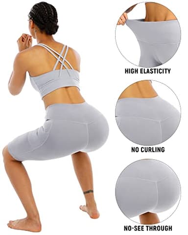 WHOUARE 4 Pack Biker Yoga Shorts with Pockets for Women,High Waisted Athletic Running Workout Gym Shorts Tummy Control,Black,Black,Dark Gray,Light Gray,XL - Image 4