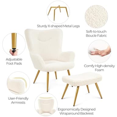 Yaheetech Boucle Accent Chair and Ottoman Set, Sherpa Armchair with Golden Metal Legs, High Back Reading Chair and Footstool for Living Room, Bedroom, Lounge, Ivory - Image 4