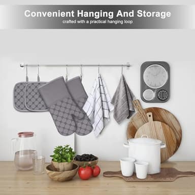 Oven Mitts Kitchen Towels Dishcloths with Pot Holders Sets 12PCS, Dish Towels Sets, Oven Gloves Pot Pads Heat Resistant 500 Degrees with Non-Slip Silicone Surface for Cooking Baking Grilling-Gray - Image 2