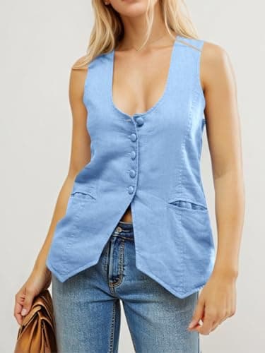 Tankaneo Womens Scoop Neck Blazer Vest Summer Linen Sleeveless Fitted Waistcoat Work Casual Cotton Suit Tops - Image 3