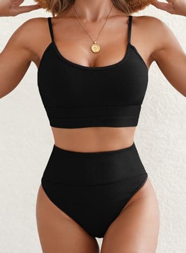 Herseas Women High Waisted Black Bestselling Bikini Set Cute Knit Ribbed Sporty Swimsuit 2025 Scoop Neck Cheeky Plus Size Bathing Suit Large 12 14 - Image 3