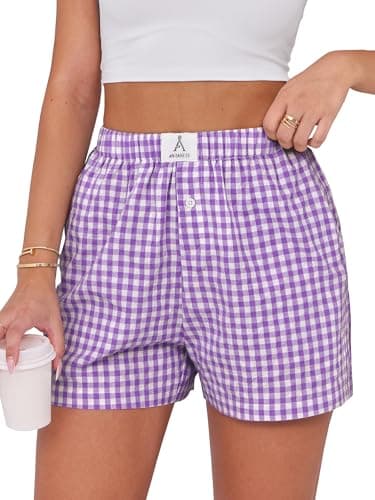 ANRABESS Boxer Shorts for Women Gingham Pajama 2025 Summer Casual Lounge Sleep Plaid Shorts Y2K Beach Bottoms Purple White Plaid Large - Image 1