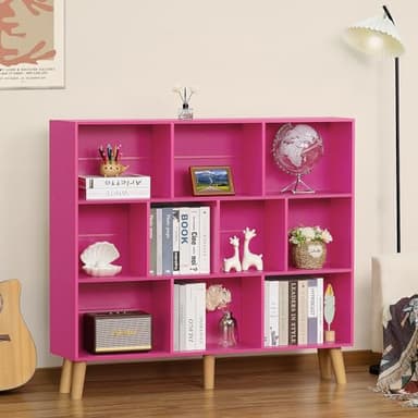 LEYAOYAO 10 Cube Bookshelf,3 Tier Modern Wide Bookcase with Legs,Mid-Century Wood Bookshelves Storage，Pink Large Book Case,Freestanding Organizer Display Shelf for Bedroom,Living Room,Office - Image 5