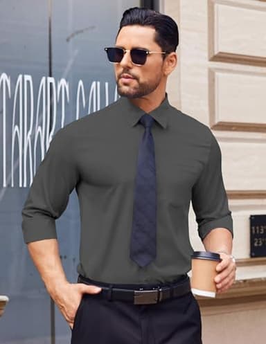 COOFANDY Long Sleeve Button Shirts for Men Wrinkle Free Oxford Shirt Business Casual Shirt Dark Grey - Image 3