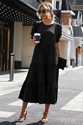 PRETTYGARDEN Summer Dresses for Women 2025 Casual Floral Boho Midi Sun Dress Puff Short Sleeve Flowy Beach Vacation Sundress (Solid Black,Small) - Image 8