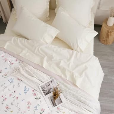 PHF 100% Garment Washed Cotton Sheets Set King Size, Ultra Soft Cotton Bedding Sheets Set, 4 PCS Breathable Moisture-Wicking Durable Sheet Set,Deep Pocket Cotton Bed Sheet Up to 16", Cream - Image 3