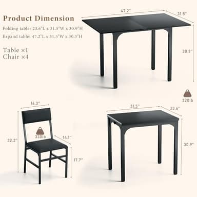 HUAHUU Dining Table Set for 4, Extendable Kitchen Table Cushion Chairs Set of 4, Rectangle Dining Table with Metal Frame & MDF Board, Folding for Small Apartment Saving Space, Black - Image 5