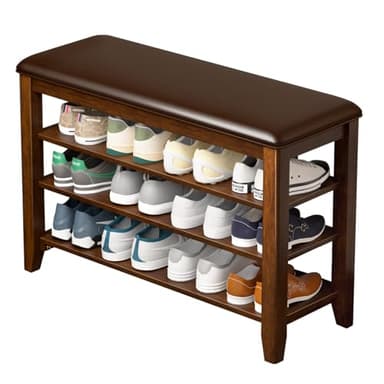 Entryway Shoe Storage Bench with Leather Cushion, Shoe Organizer Bench for Entryway, Ideal for Hallways Front Doors Entrances Mudrooms Featuring Rubberwood And 3 Height-Adjustable and Removable Shelve - Image 1