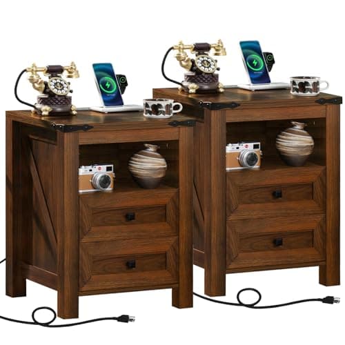 Joaxswe Nightstands Set of 2 with Charging Station, Farmhouse Side End Table with 2 Drawers and Open Shelf, Wood Rustic Sofa Table, Bedside Cabinet for Bedroom, Living Room, Closet, Office(Brown) - Image 1