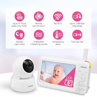 VTech Video Baby Monitor with 5" LCD Screen, Up to 17Hrs Video & 31Hrs Audio Battery Life, Night Vision, 1000ft Range, Pan-Tilt-Zoom, Lullabies, Soothing Sounds, Temperature Sensor, No WiFi: 924W - Image 2