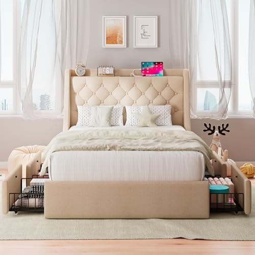 Feonase Twin Bed Frame with 4 Storage Drawers, Upholstered Wingback Headboard, Easy Assembly, No Box Spring Needed, Beige - Image 1