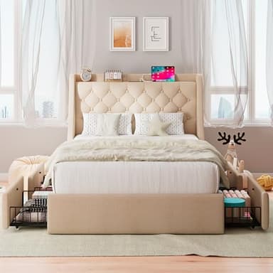 Feonase Twin Bed Frame with 4 Storage Drawers, Upholstered Wingback Headboard, Easy Assembly, No Box Spring Needed, Beige - Image 1