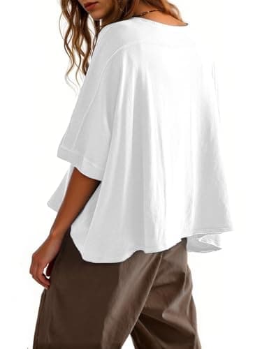 Tankaneo Womens Oversized T-Shirts Cropped Summer Casual Short Sleeve Loose Fit Tee Tops White - Image 2
