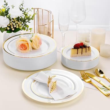 BESTSTAR 100PCS White Plastic Plates for Party, 10.25 Inch Disposable Plates with Gold Rim, Heavy Duty Dinner Plates for Christmas, Thanksgiving, Party, Wedding and Birthday - Image 6