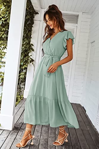 PRETTYGARDEN Women's Summer Floral Boho Dress Wrap V Neck Short Sleeve Ruffle A-Line Flowy Maxi Wedding Guest Dresses (Solid Green,Large) - Image 6