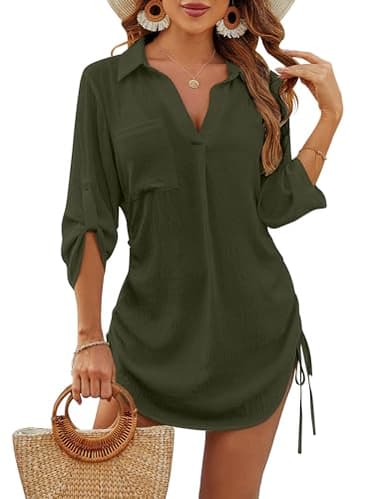 Blooming Jelly Womens Bathing Suit Cover Up Swimsuit Coverup Beach Dress Bikini Drawstring Swimwear Cover ups(Large, Army Green) - Image 1