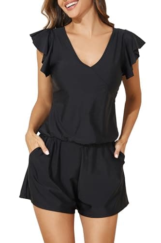 Smismivo Swim Romper with Built in Bra and Pockets Swim Dress for Women Swimwear Modest One Piece Swimsuit with Shorts Ruffle Sleeve Full Coverage Bathing Suit Swimming Suits 2025 (Black) - Image 1