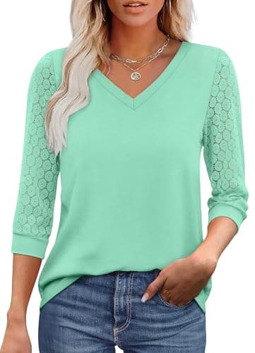 V Neck Blouses for Women Dressy Casual Lace 3/4 Sleeve Summer Spring Tops for Women 2025 Business Casual Aqua L - Image 1
