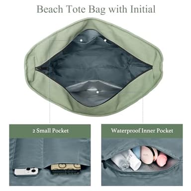 Becokan Initial Beach Bag Waterproof Canvas Beach Tote Bag Zipper Personalized Gifts for Women Her Birthday Travel Essentials (A, Light Green 2 pcs) - Image 4