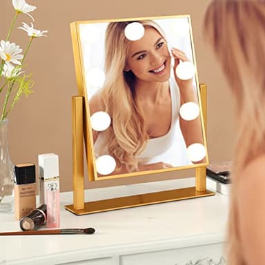 BWLLNI Vanity Mirror with Lights, Hollywood Mirror Lighted Makeup Mirror with 9 LED Bulbs, Touch Control Design 3 Colors Dimmable Bulbs Detachable 10X Magnification 360°Rotation(Gold) - Image 5