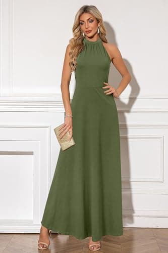 STYLEWORD Women's Summer Halter Neck Long Formal Dress Sexy Sleeveless Cocktail Evening Party Wedding Guest Maxi Dresses(Army Green,L) - Image 3